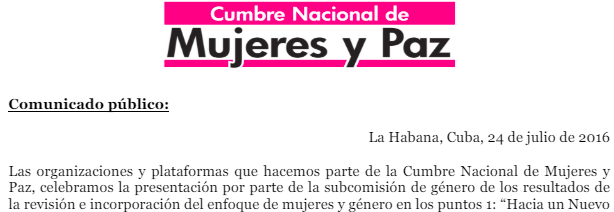 Comunicado público. Cumbre Nacional de Mujeres y Paz