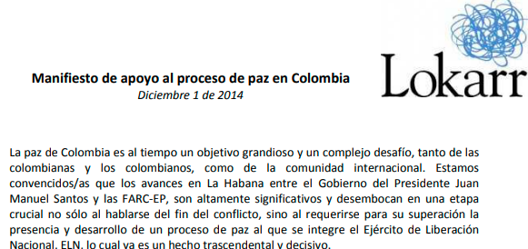 Manifiesto de apoyo al proceso de paz en Colombia